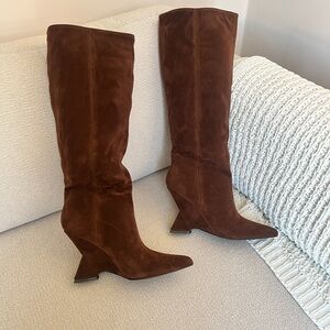 Brown Faux Suede Knee-High Boots